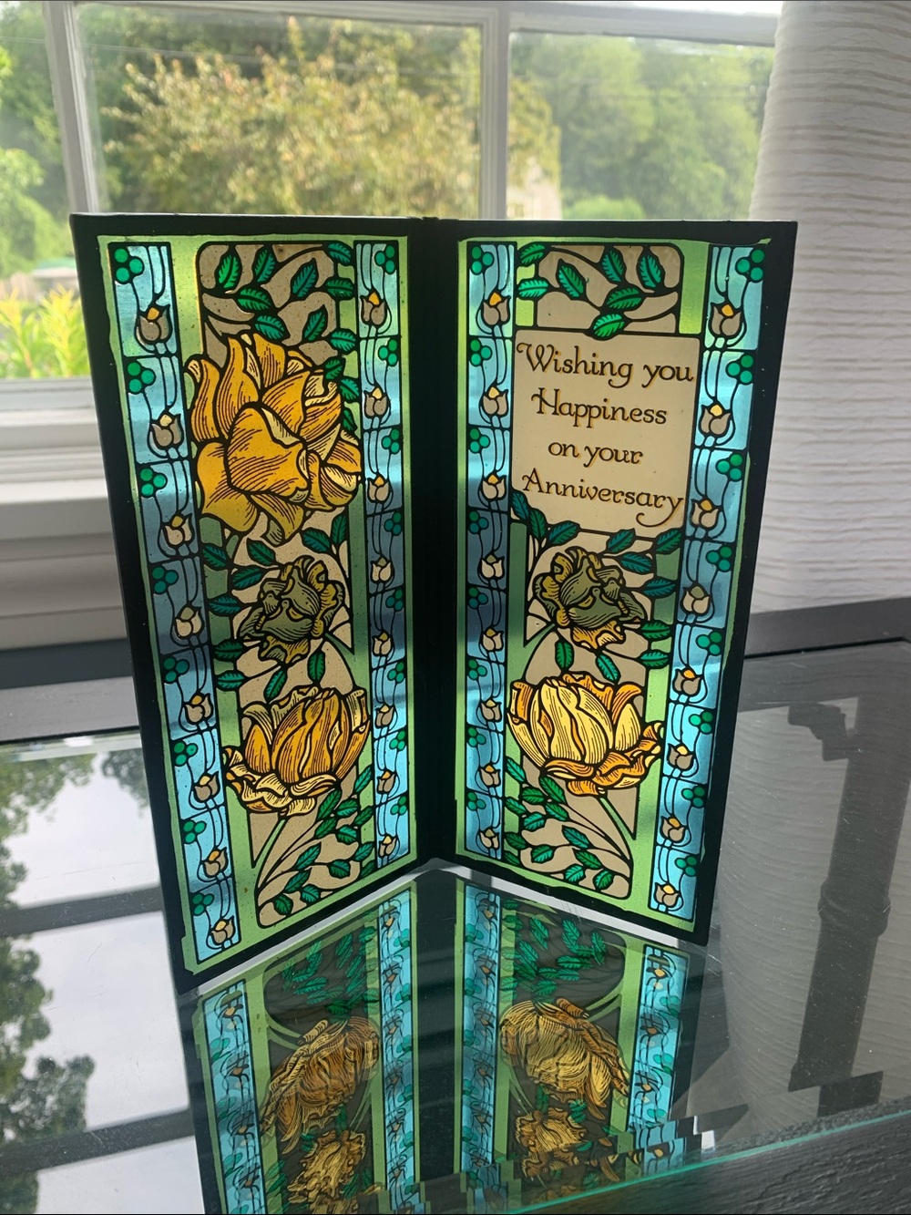 Vintage Stained Glass Style Anniversary Card - Yellow & Teal Floral